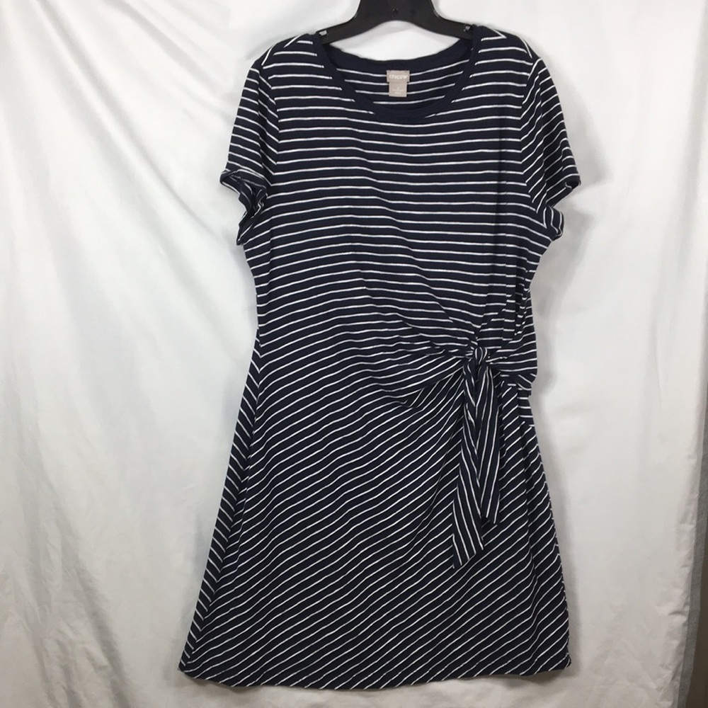 Chicos Women’s Navy and White Striped Twist Front Dress Size 16 EXCELLENT Used